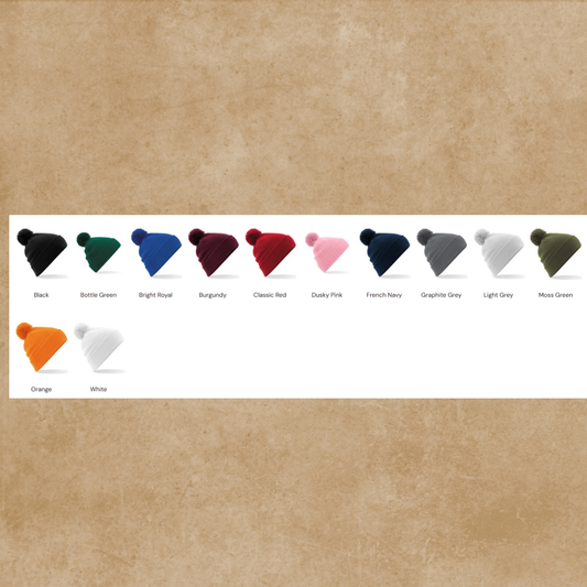 Custom Embroidered Pom Pom Beanie colour options and thread samples for embroidery design.