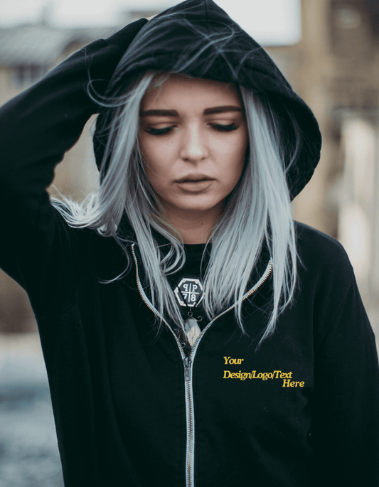 Woman wearing Personalised Printed Zip Up Hoodie UK
