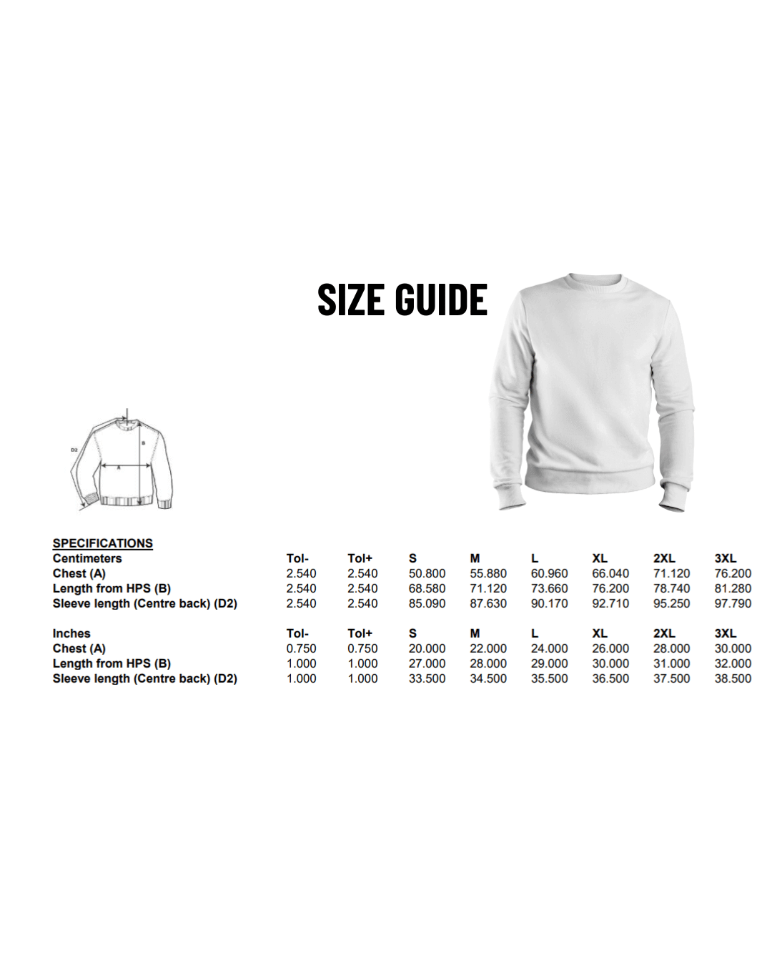 Personalised Embroidered Sweatshirt size chart, measurements for S M L XL XXL