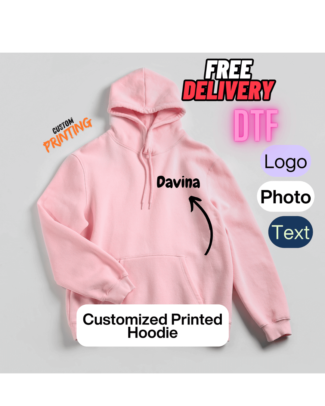 Personalised Printed Hoodie in pink colour with custom print option