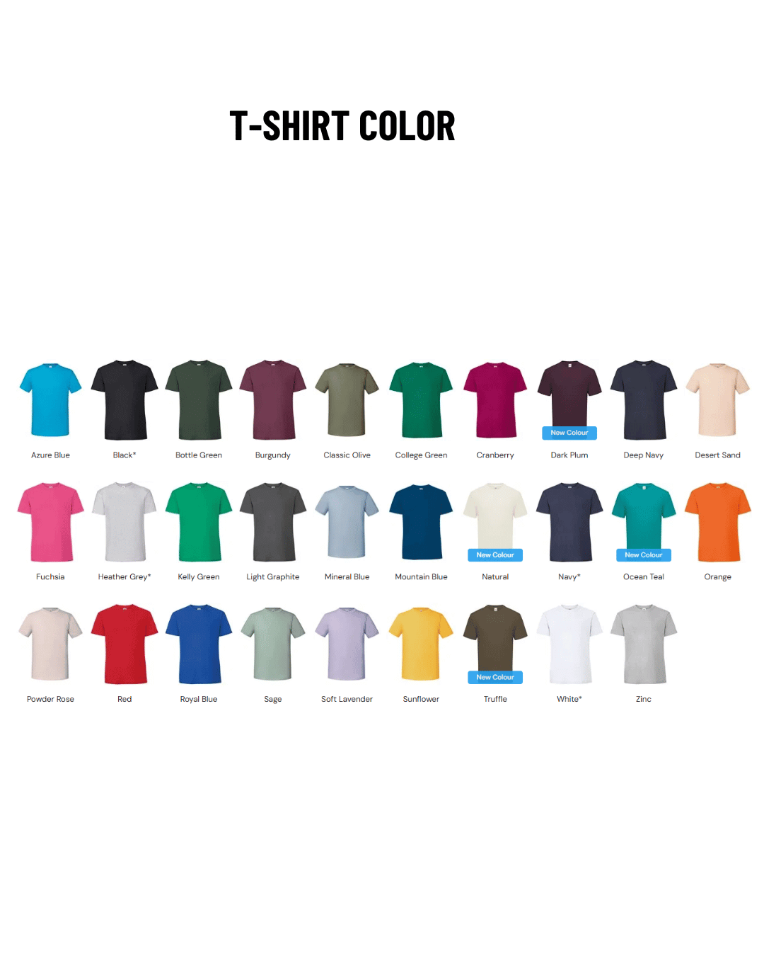 Available colours for Personalised Printed T-Shirt – black, white, blue, pink and more