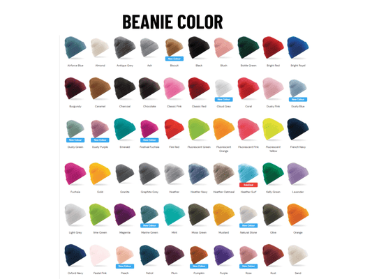 Color chart for embroidered beanie hat UK. Embroidered Beanie Hat UK