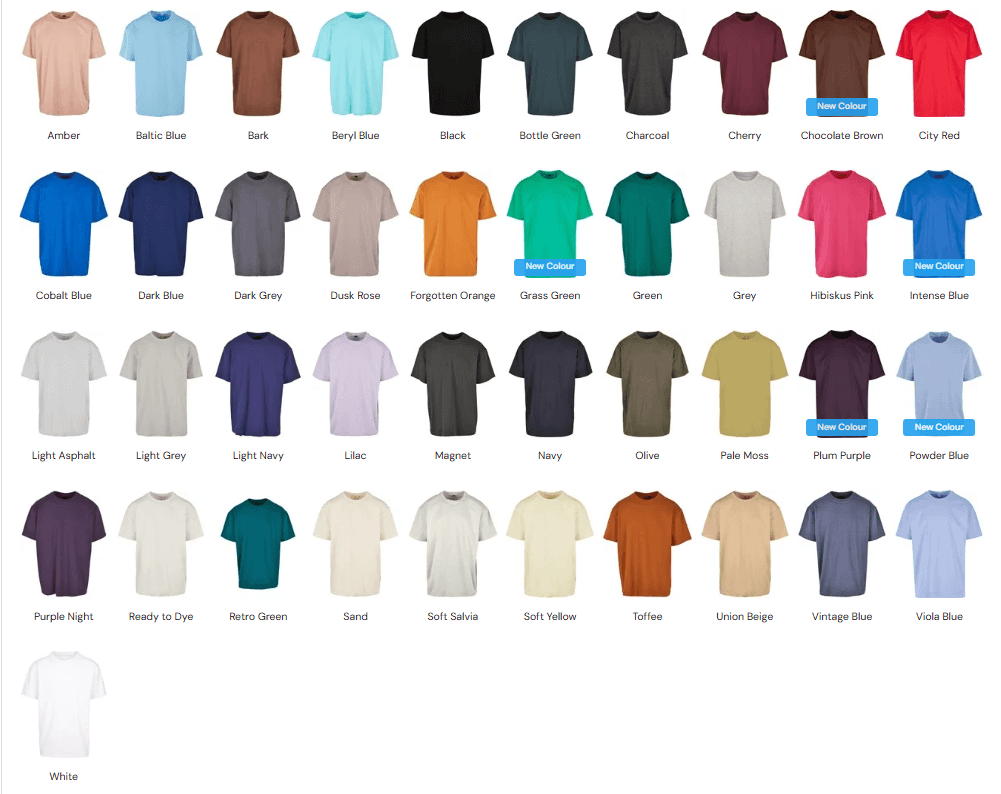 Custom Printed Oversized T-Shirt available colours chart UK