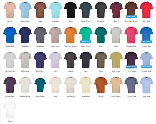 Custom Printed Oversized T-Shirt available colours chart UK