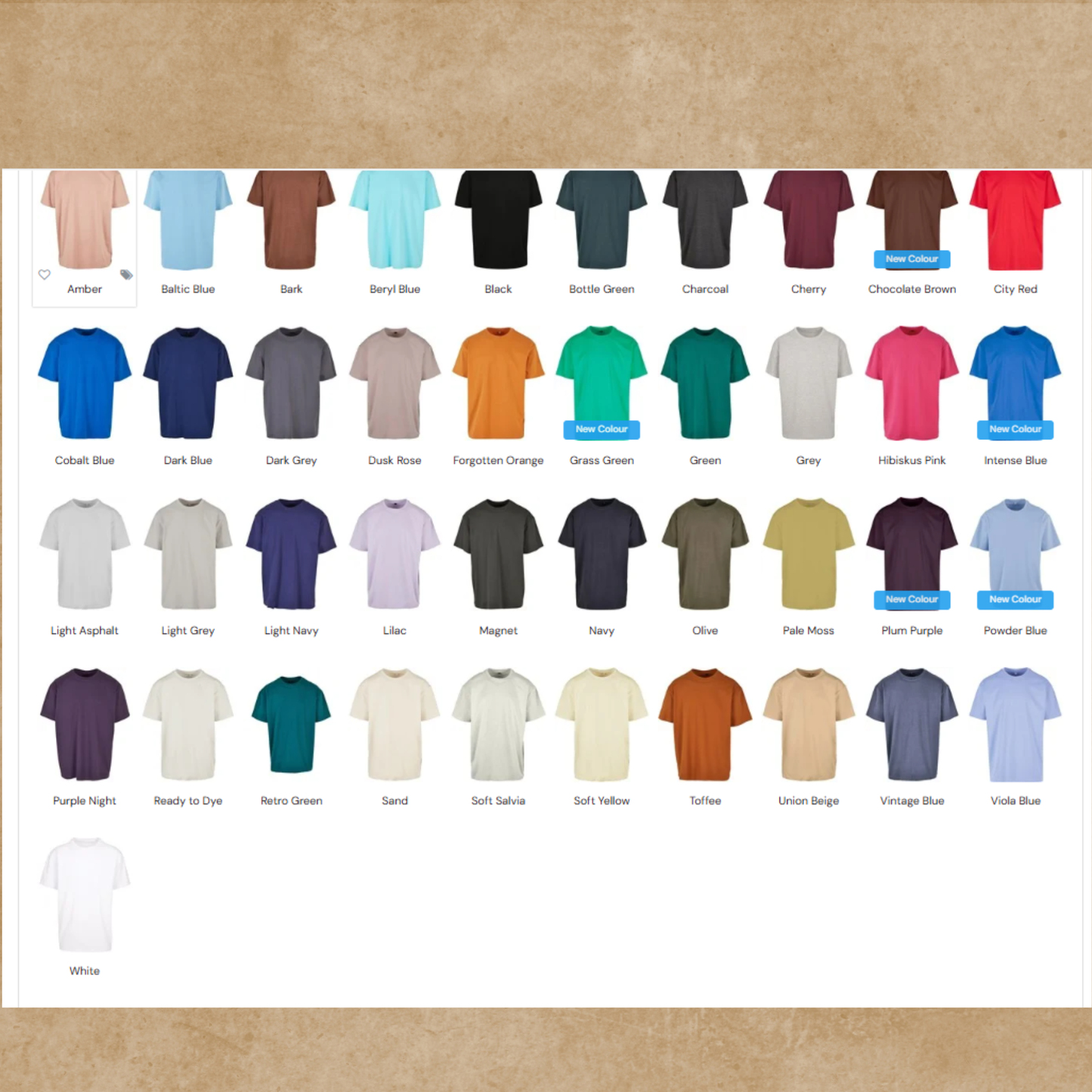 Personalised Embroidered Oversize T-Shirt colour options – available in black, white, blue, red, green and more