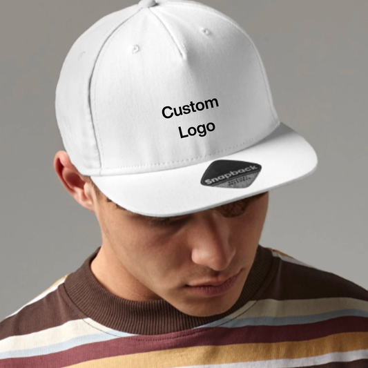 Personalised Embroidered Snapback Cap with customizable text on a black hat