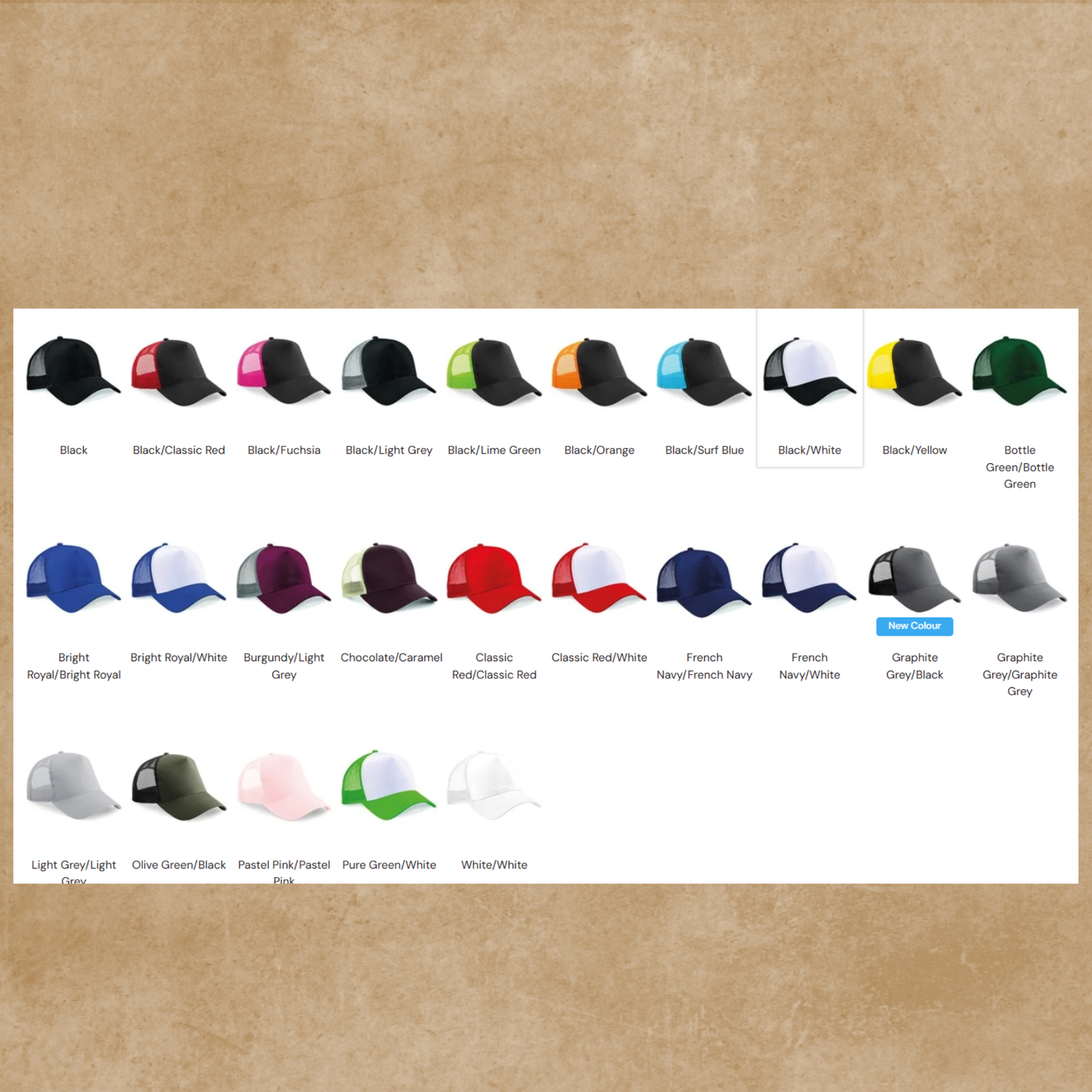 Personalised Embroidered Trucker Hat colour chart and thread embroidery options UK