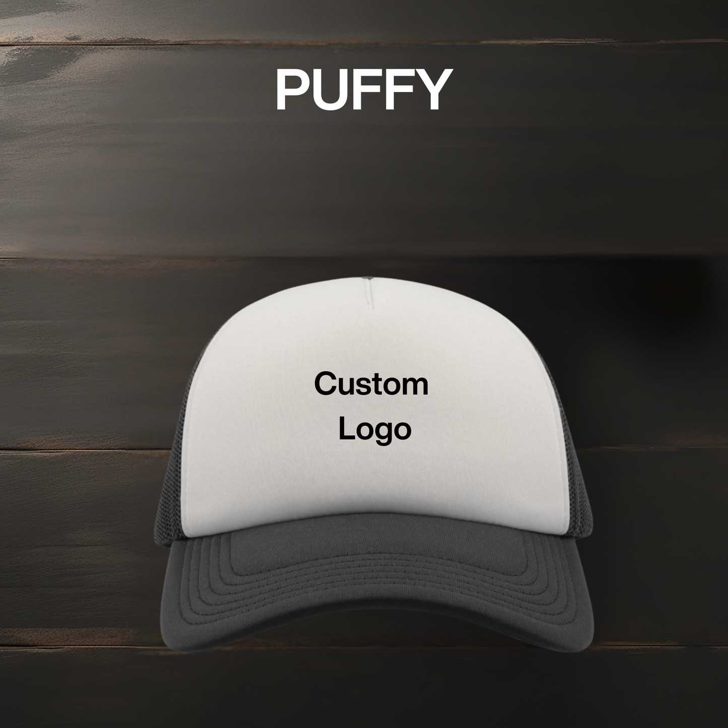 Personalised Printed Trucker Hat in white and black, custom logo printed front view UK.