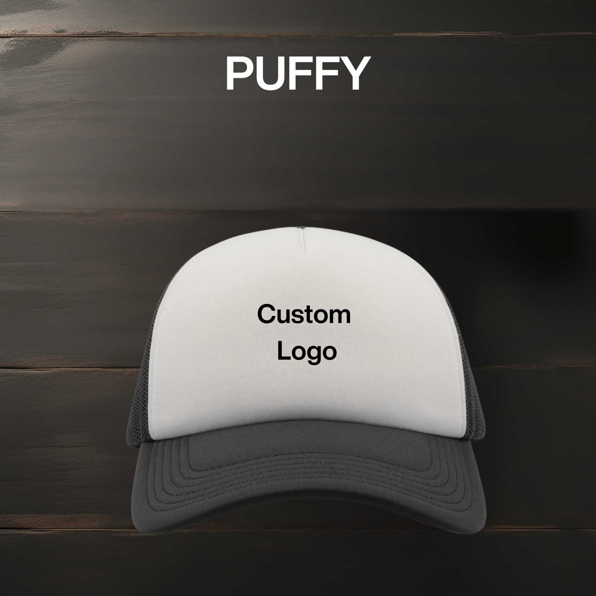 Personalised Printed Trucker Hat in white and black, custom logo printed front view UK.