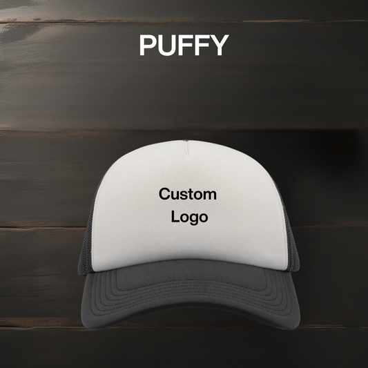 Personalised Printed Trucker Hat in white and black, custom logo printed front view UK.
