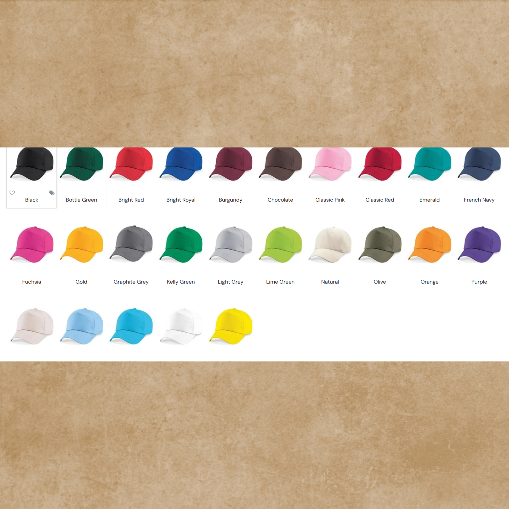 Colour chart for Personalised Printed Baseball Hat – embroidery and printing thread options