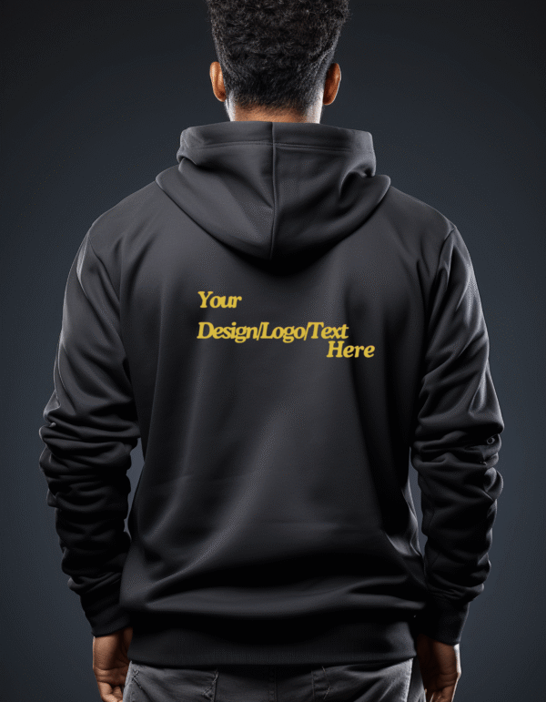 Personalised Embroidered Hoodie with custom text design on the back, showcasing style and personalization.