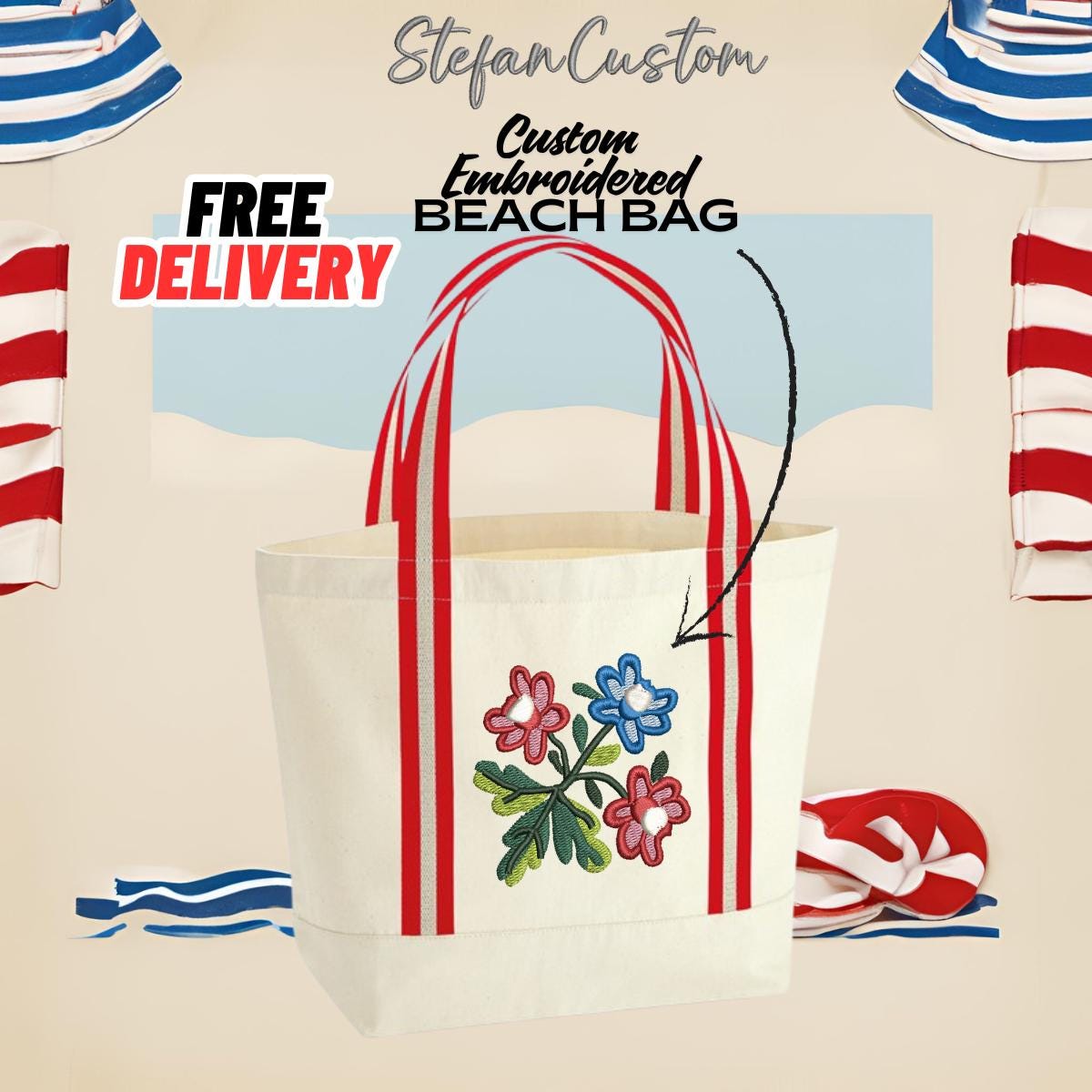 Custom Embroidered Cotton Beach Bag: Personalised Logo Design