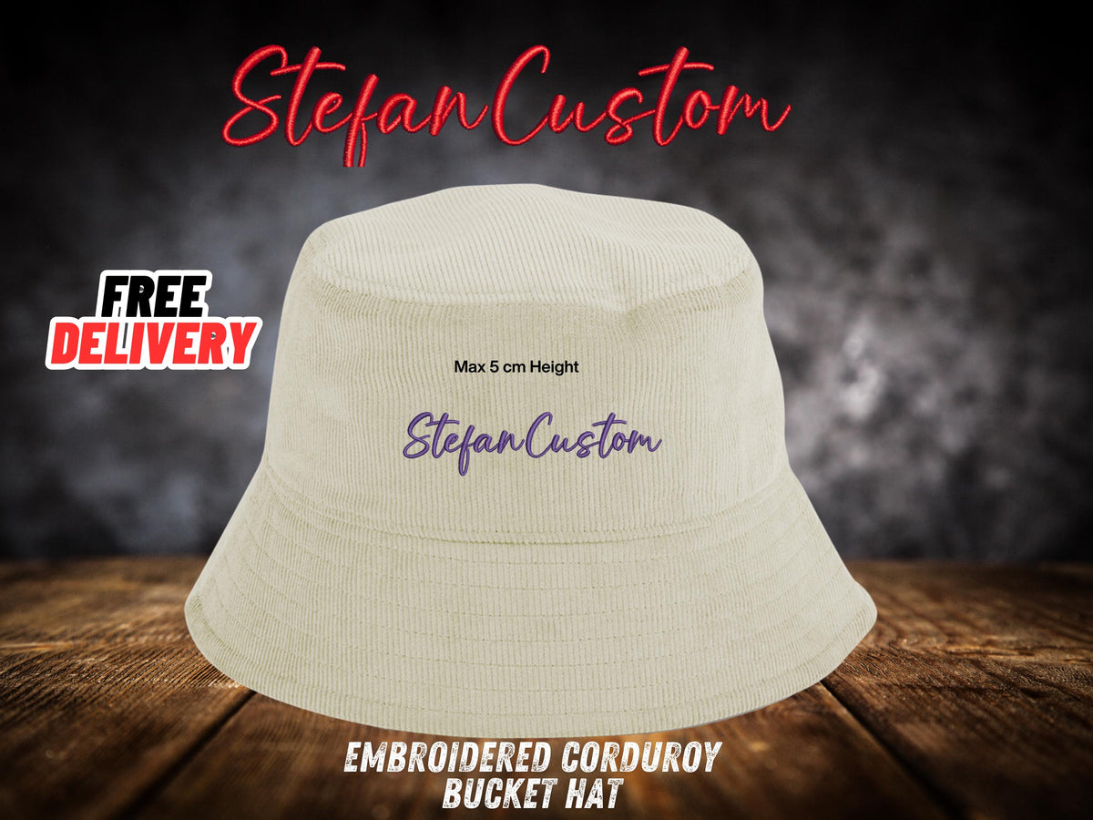 Custom Embroidered Corduroy Bucket Hat, Personalised Logo Cap, Organic Cotton